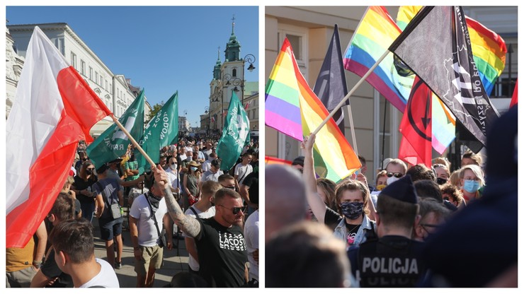 Dwie manifestacje na Krakowskim Przedmieściu. Narodowcy spalili tęczową flagę