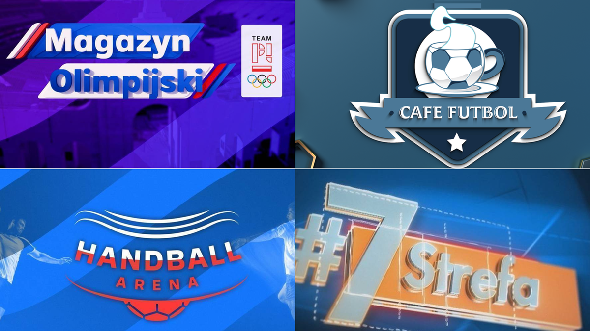 Kolaż czterech grafik promujących programy sportowe: "Magazyn Olimpijski" z logiem "TEAM POLSKA", "Cafe Futbol" z motywem piłki i filiżanki, "Handball Arena" z napisem i motywem piłki ręcznej, oraz "#7 Strefa" z cyfrą siedem i napisem "Strefa".