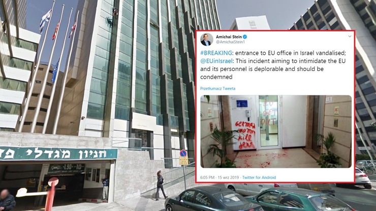 Wandalizm w placówce Unii Europejskiej w Izraelu. Napisy na ścianach i rozlana farba