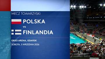 Grafika zapowiadająca mecz towarzyski w piłce siatkowej Polska - Finlandia w Ergo Arenie w Gdańsku, z widocznym w tle boiskiem i trybunami.
