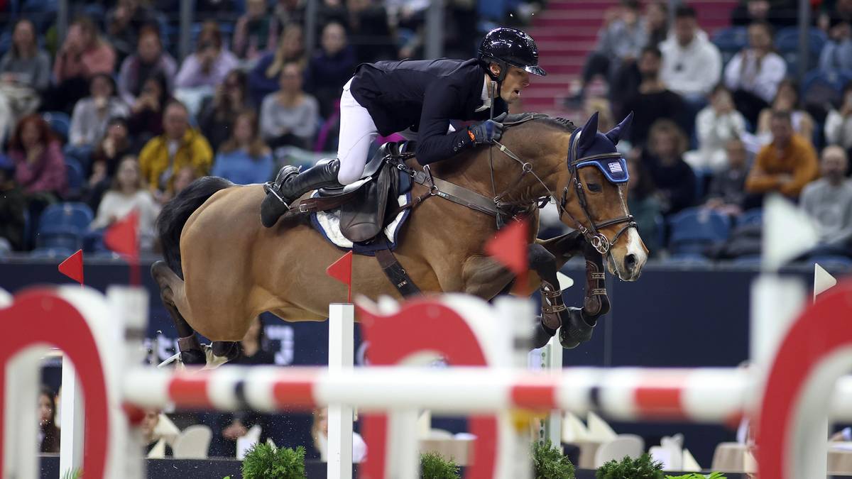 Jeździec w stroju sportowym na brązowym koniu pokonuje przeszkodę podczas zawodów jeździeckich.