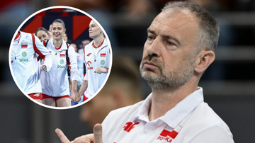 Trener reprezentacji Polski w siatkówce mężczyzn skupiony na meczu, w tle widoczne siatkarki.