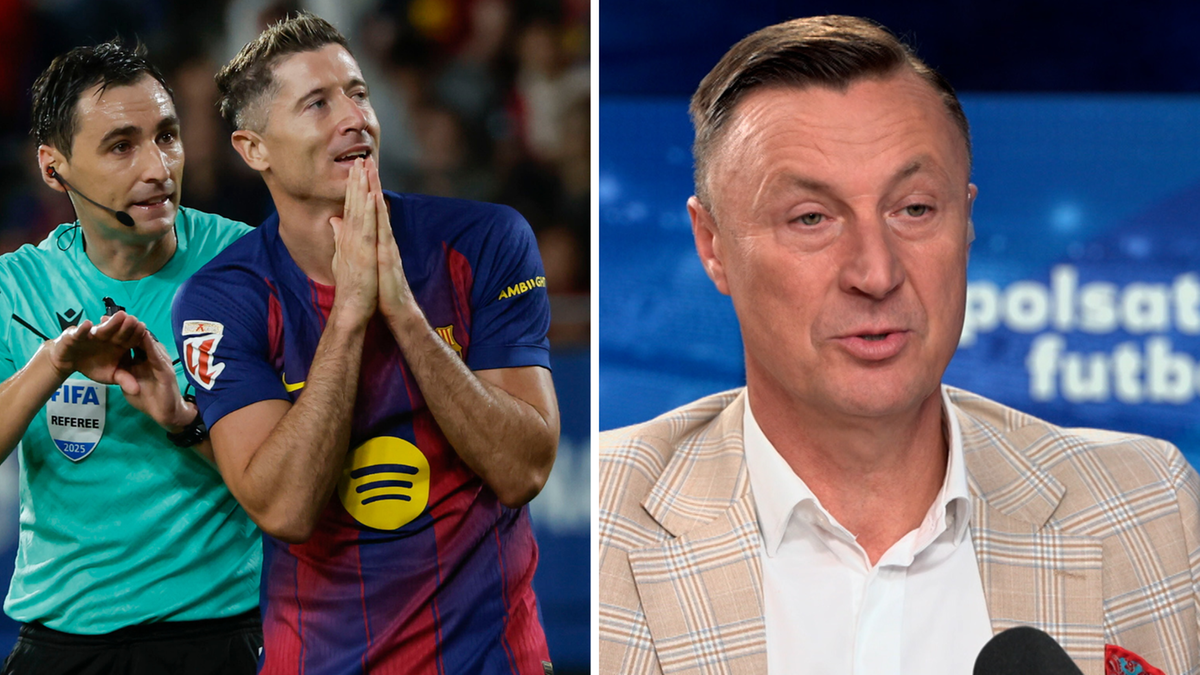 Piłkarz Robert Lewandowski w koszulce FC Barcelona klęczy z dłońmi złożonymi w geście błagania, obok stoi sędzia. Obok, na drugim zdjęciu, mówiący mężczyzna w marynarce.