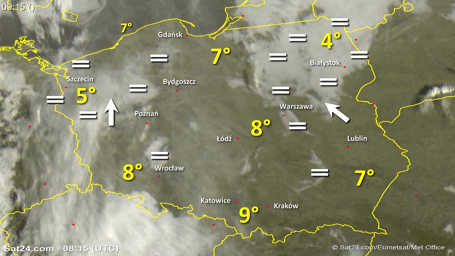 Zdjęcie satelitarne Polski w dniu 8 listopada 2018 o godzinie 9:15. Dane: Sat24.com / Eumetsat.