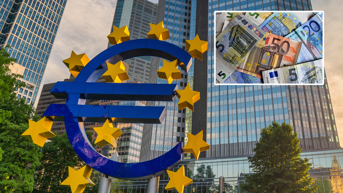 Symbol euro i europejskie banknoty na tle nowoczesnych budynk&oacute;w