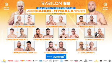 Grafika przedstawiająca zestawienie walk gali Babilon MMA 59 z nazwiskami zawodnik&oacute;w i datą wydarzenia.