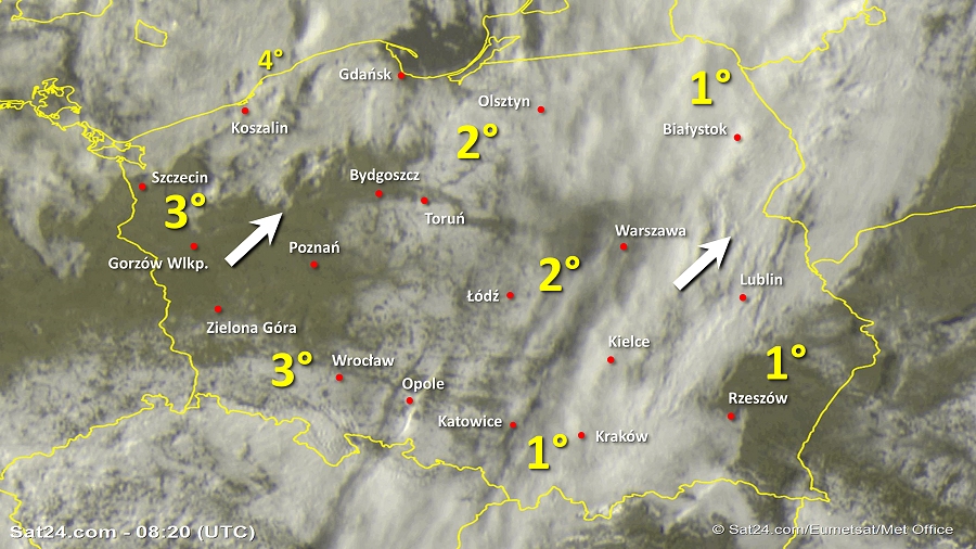 Zdjęcie satelitarne Polski w dniu 8 lutego 2019 o godzinie 9:20. Dane: Sat24.com / Eumetsat.