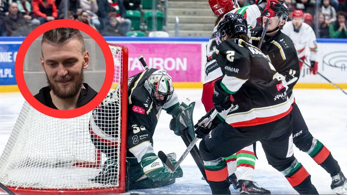 Portret Tomasza Fucika w okręgu obok sceny z meczu hokejowego z bramkarzem w akcji.