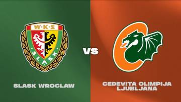 Herb klubu Śląsk Wrocław po lewej stronie i logo drużyny Cedevita Olimpija Lublana po prawej stronie, z napisem "VS" pośrodku.