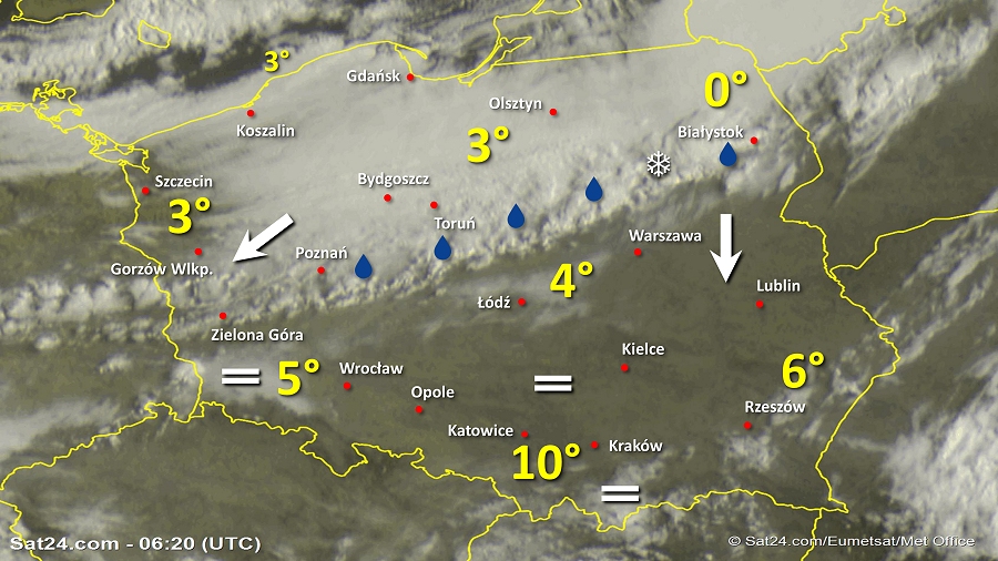 Zdjęcie satelitarne Polski w dniu 9 kwietnia 2019 o godzinie 8:20. Dane: Sat24.com / Eumetsat.