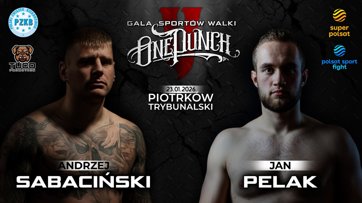 Dwaj mężczyźni, Andrzej Sabaciński po lewej i Jan Pelak po prawej, stoją gotowi do walki. Na tle widnieje logo gali "One Punch" oraz nazwa miasta "Piotrk&oacute;w Trybunalski".