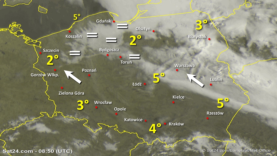 Zdjęcie satelitarne Polski w dniu 18 lutego 2019 o godzinie 9:50. Dane: Sat24.com / Eumetsat.