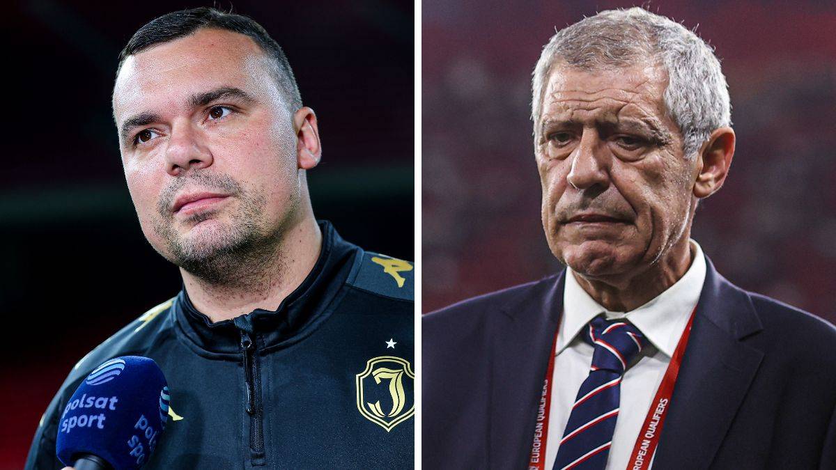 Portret Jürgena Kloppa po lewej stronie i Fernando Santosa po prawej stronie.