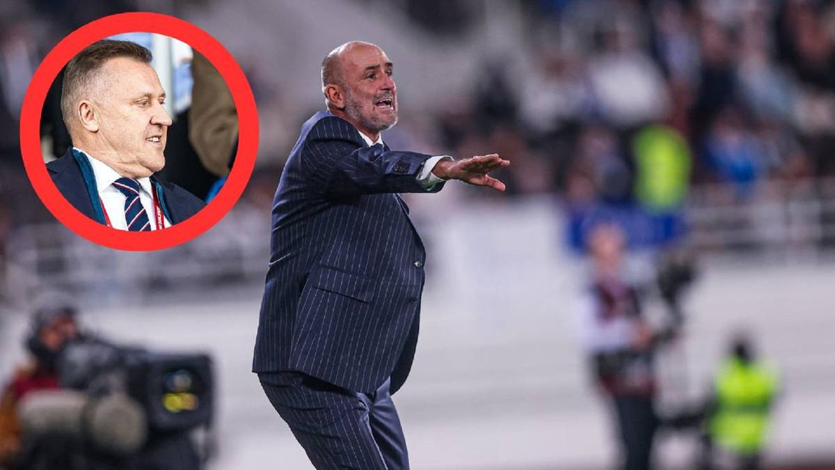 Michał Probierz, trener reprezentacji Polski w piłce nożnej, w garniturze, podczas meczu. W lewym górnym rogu obrazka znajduje się zdjęcie tego samego trenera w czerwonym okręgu.