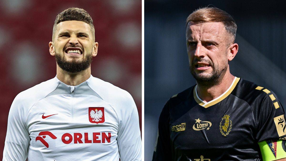 Dwa portrety mężczyzn, prawdopodobnie piłkarzy. Po lewej stronie młodszy mężczyzna z krótkimi ciemnymi włosami i zarostem, ubrany w białą koszulkę z biało-czerwonym godłem Polski i logo "ORLEN". Jego twarz wyraża determinację.