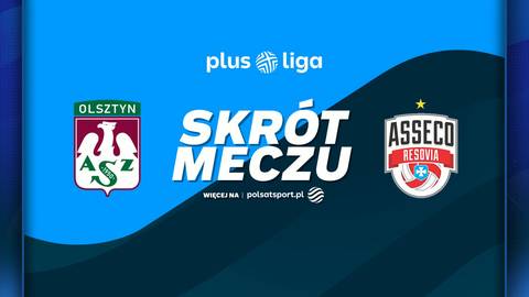 Logo Indykpol AZS Olsztyn i Asseco Resovia Rzesz&oacute;w obok napisu "SKR&Oacute;T MECZU" na tle w kolorach niebieskim i granatowym z napisem "plus liga".