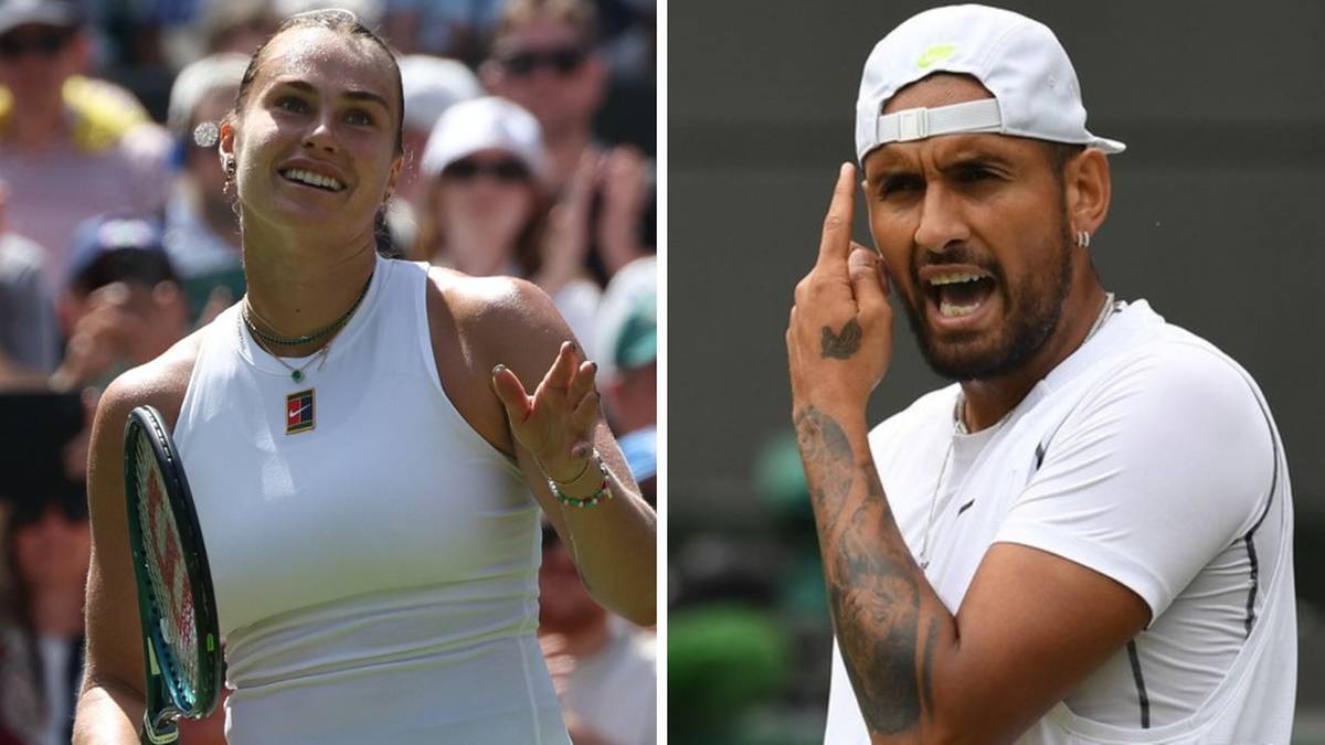 Aryna Sabalenka uśmiechnięta z rakietą w ręku, obok Nick Kyrgios z wyrazem twarzy wyrażającym pewność siebie.