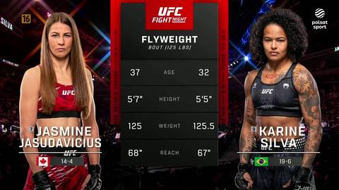 Dwie zawodniczki UFC, Jasmine Jasudavicius i Karine Silva, stoją po obu stronach ekranu informacyjnego z ich statystykami.