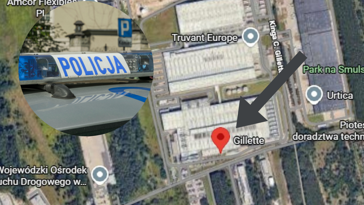 Widok z lotu ptaka na fabrykę Gillette w Łodzi, ze wstawką pokazującą policyjny radiow&oacute;z.