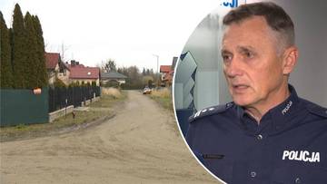 Policjant udziela wywiadu na tle osiedla domów jednorodzinnych.