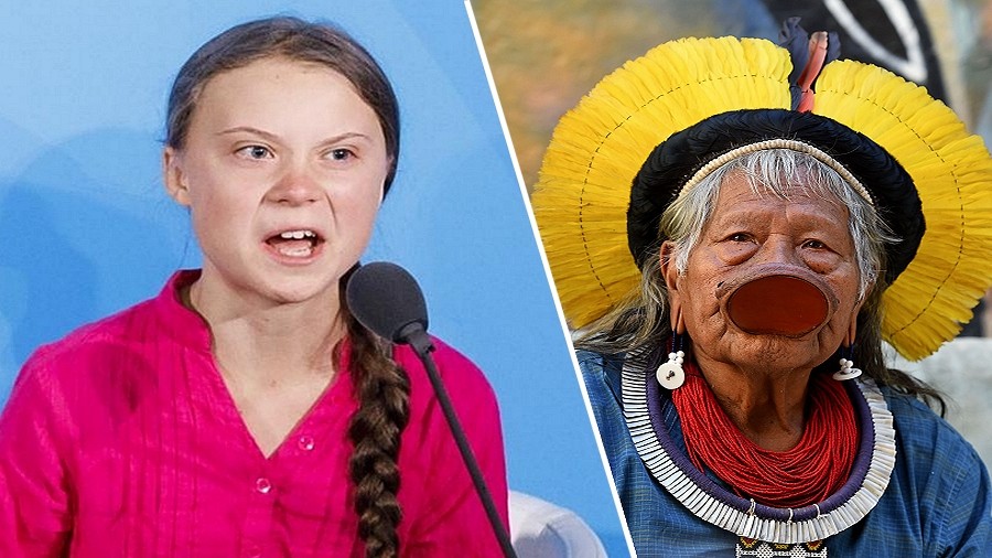 Greta Thunberg (po lewej) i Raoni Metuktire (po prawej). Fot. Twitter.