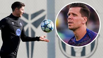 Robert Lewandowski rzuca piłką, a obok jego zdjęcie w okręgu.