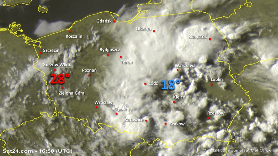 Zdjęcie satelitarne Polski w dniu 17 czerwca 2020 o godzinie 17:50. Dane: Sat24.com / Eumetsat.