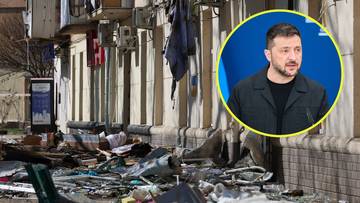 Portret Wołodymyra Zełenskiego na tle zniszczeń wojennych.