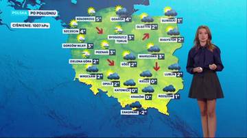 Mapa Polski z ikonami pogody i temperaturami, obok stoi prezenterka pogody.