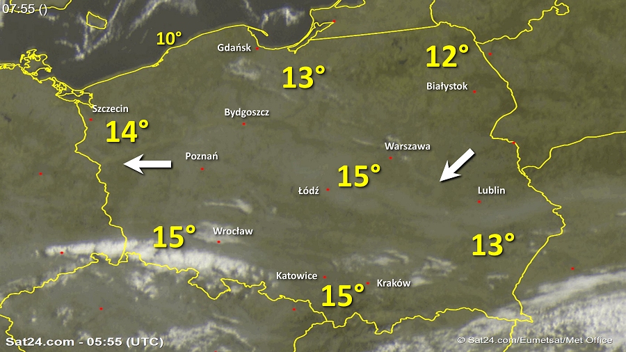 Zdjęcie satelitarne Polski w dniu 22 sierpnia 2018 o godzinie 7:55. Dane: Sat24.com / Eumetsat.