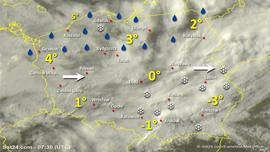 Zdjęcie satelitarne Polski w dniu 6 lutego 2020 o godzinie 8:30. Dane: Sat24.com / Eumetsat.