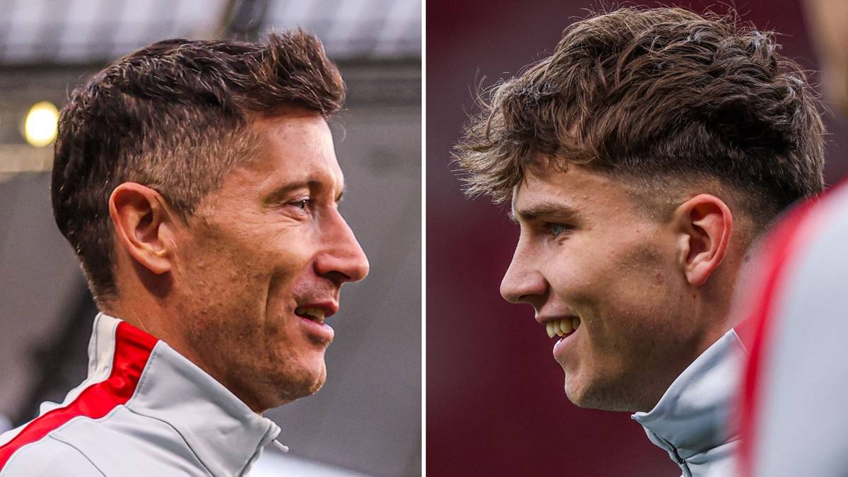 Dwa zbliżenia na twarze piłkarzy reprezentacji Polski. Po lewej Robert Lewandowski, po prawej Oskar Pietruszewski.