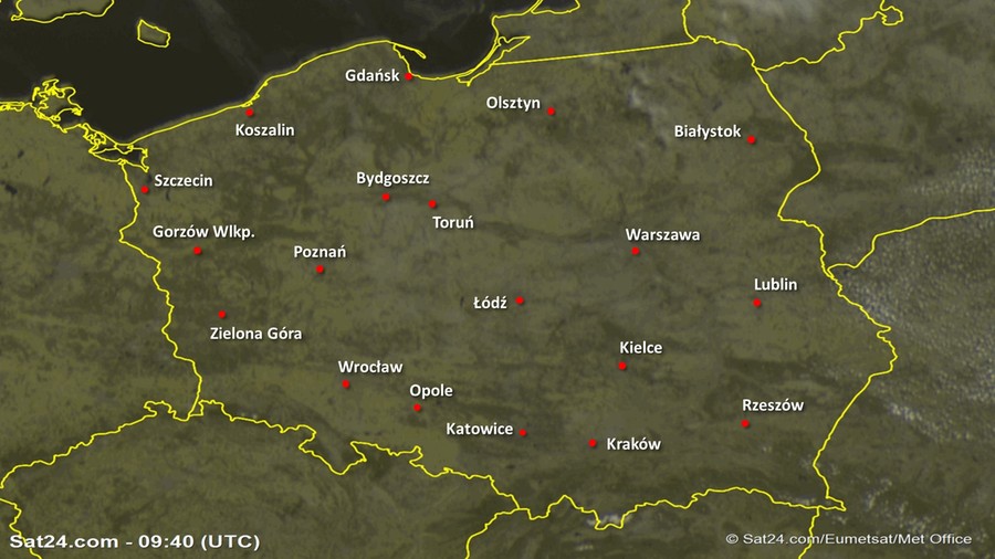 Zdjęcie satelitarne Polski w dniu 23 kwietnia 2020 o godzinie 11:40. Dane: Sat24.com / Eumetsat.