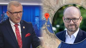 Senator KO Krzysztof Kwiatkowski i minister Marcin Przydacz na kolażu zdjęć z mapą Bliskiego Wschodu.