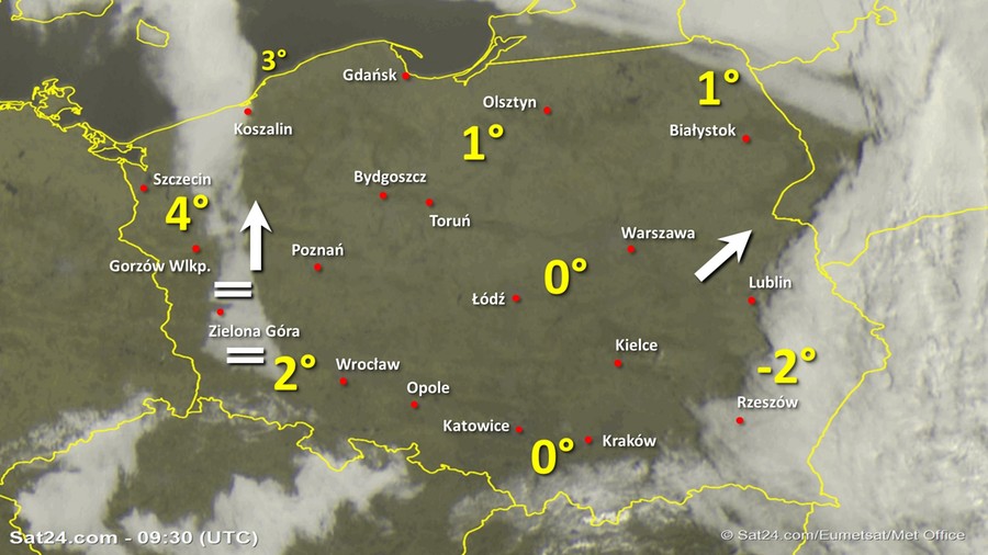 Zdjęcie satelitarne Polski w dniu 8 lutego 2020 o godzinie 10:30. Dane: Sat24.com / Eumetsat.