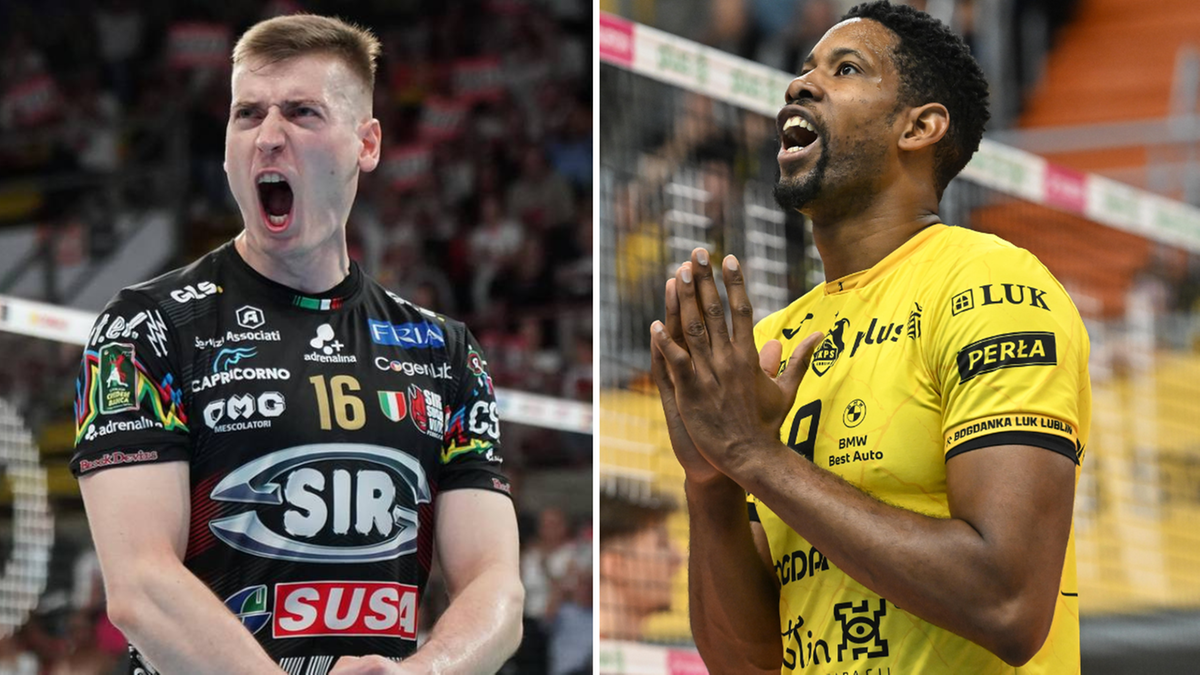 Dw&oacute;ch siatkarzy w akcji, jeden w czarnej koszulce z numerem 16, drugi w ż&oacute;łtej koszulce z numerem 10.