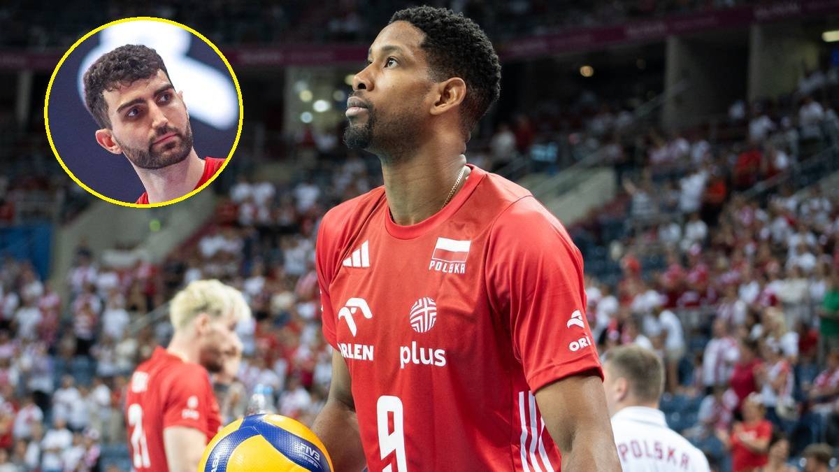 Siatkarz w czerwonej koszulce z numerem 9 na tle trybun, w okręgu mniejsze zdjęcie innego siatkarza.