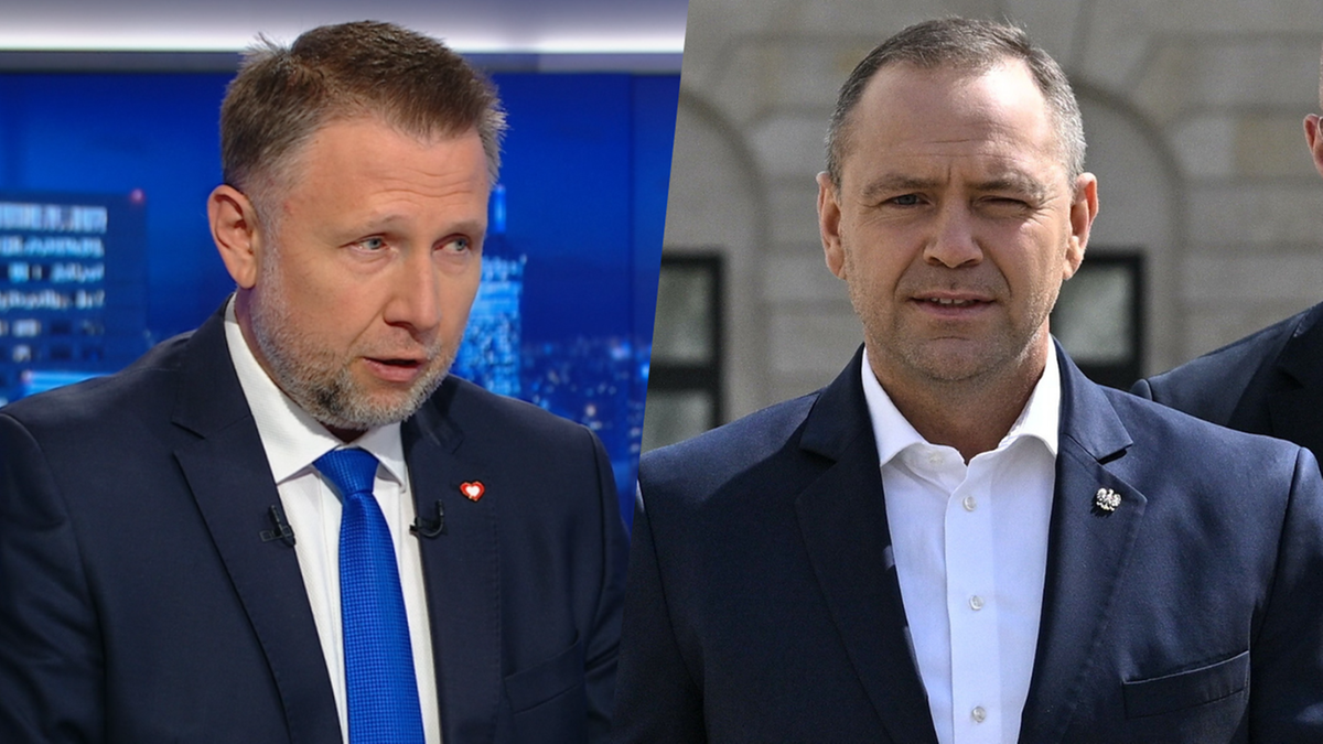 Dwie fotografie polityk&oacute;w: po lewej mężczyzna w garniturze i niebieskim krawacie, m&oacute;wiący do kamery w studiu telewizyjnym; po prawej mężczyzna w białej koszuli i ciemnej marynarce, stojący na zewnątrz.