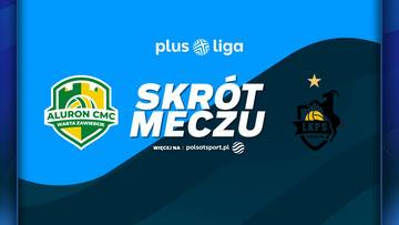 Grafika informująca o skr&oacute;cie meczu siatk&oacute;wki Plus Ligi pomiędzy Aluron CMC Warta Zawiercie a Bogdanka LUK Lublin.