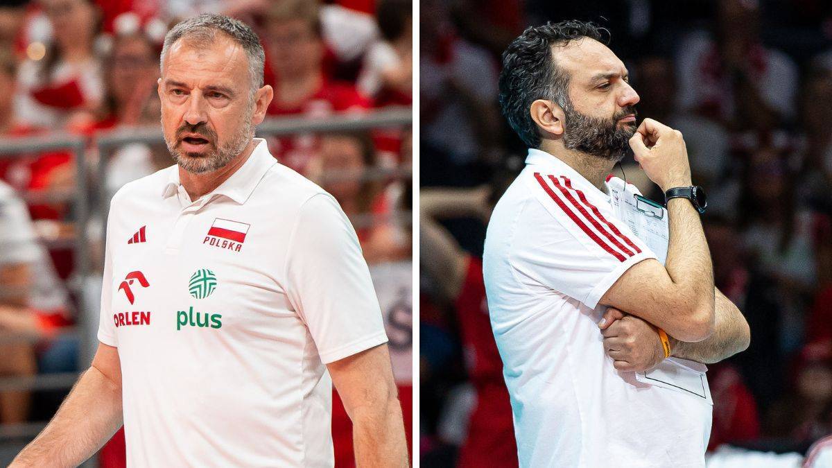 Dwóch mężczyzn w białych koszulkach polo, prawdopodobnie trenerzy siatkówki. Po lewej stronie mężczyzna o krótkich, siwych włosach, patrzący prosto przed siebie. Po prawej stronie mężczyzna z brodą, z ręką przy ustach, patrzący w bok.