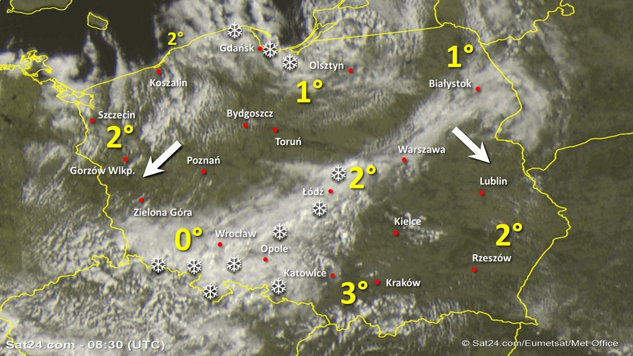 Zdjęcie satelitarne Polski w dniu 31 marca 2020 o godzinie 10:30. Dane: Sat24.com / Eumetsat.
