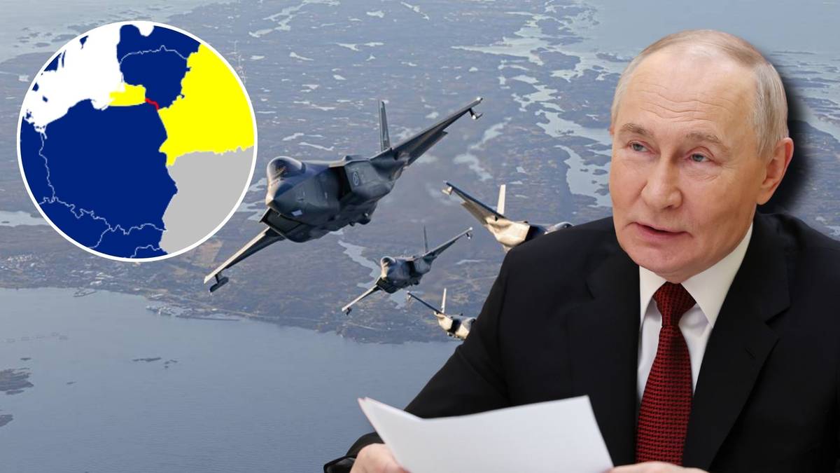 Portret Władimira Putina z widokiem na samoloty wojskowe i mapę Europy Wschodniej z zaznaczonym przesmykiem suwalskim.