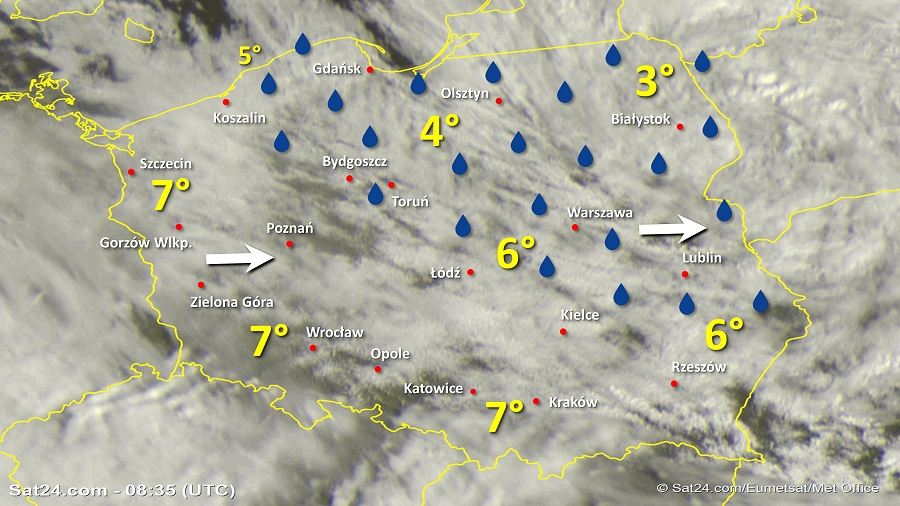 Zdjęcie satelitarne Polski w dniu 16 marca 2019 o godzinie 9:35. Dane: Sat24.com / Eumetsat.