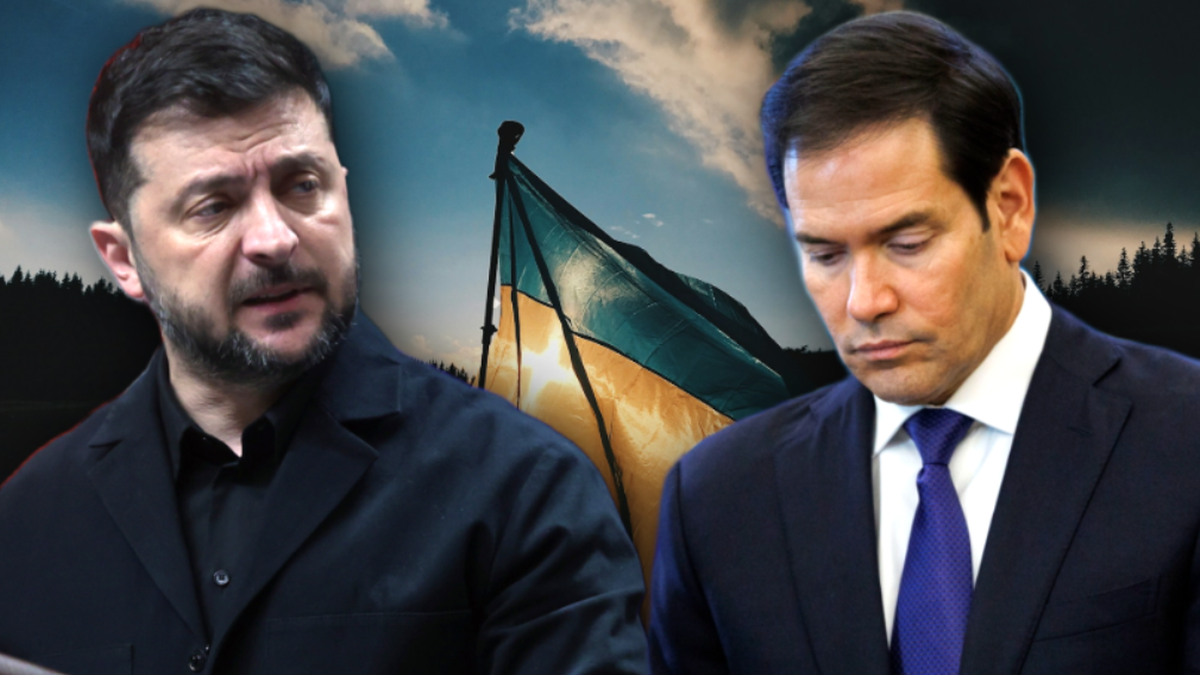 Prezydent Ukrainy Wołodymyr Zełenski i amerykański senator Marco Rubio z ukraińską flagą w tle, symbolizujący rozmowy pokojowe.