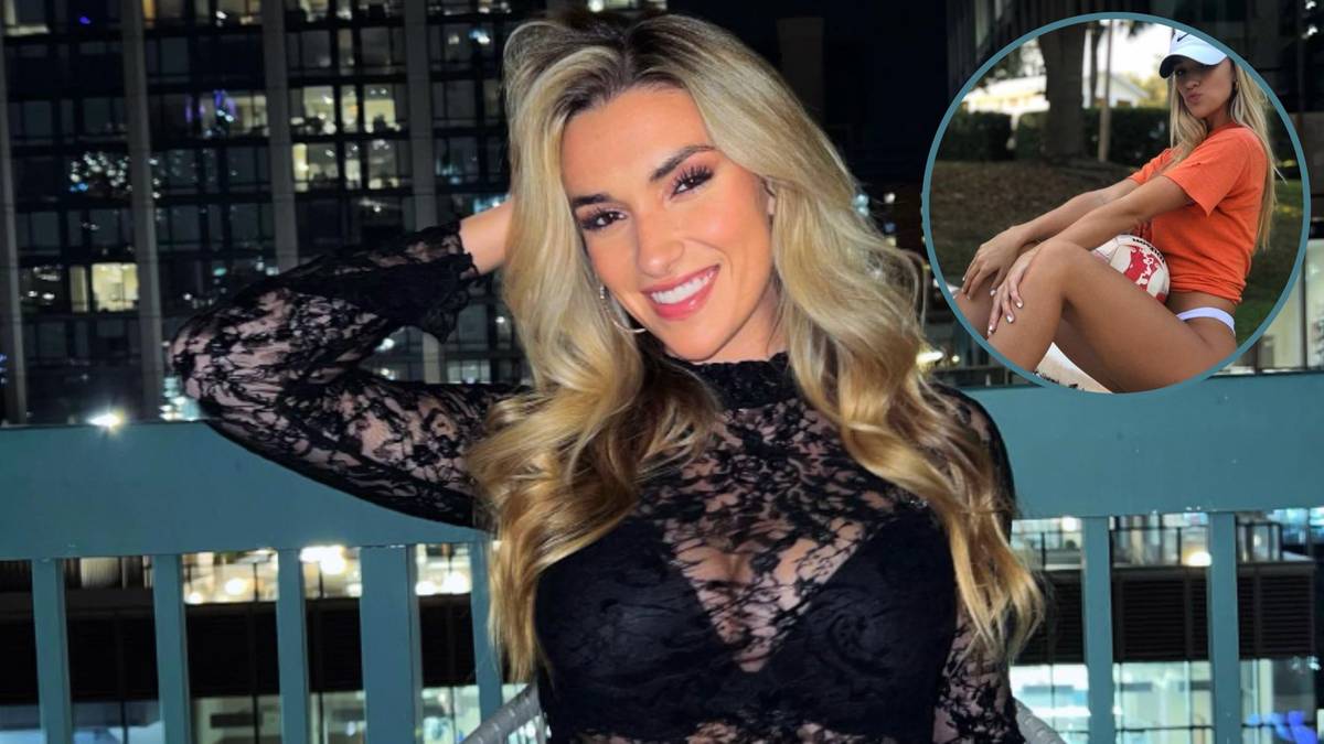 Kobieta o blond włosach w czarnej koronkowej bluzce uśmiecha się do kamery. W prawym g&oacute;rnym rogu znajduje się okrągłe zdjęcie tej samej kobiety siedzącej z piłką na trawie.