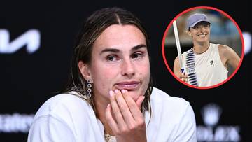 Zdjęcie przedstawia zbliżenie na twarz tenisistki Aryny Sabalenki po lewej stronie. Po prawej, w okrągłym kadrze, widnieje uśmiechnięta twarz Aryny Sabalenki w czapce i stroju sportowym.