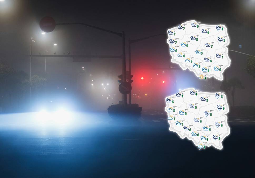 Widok drogi w gęstej mgle nocą, z widocznymi światłami samochodów i sygnalizacją świetlną. Po prawej stronie grafiki z mapą Polski i symbolami pogody.
