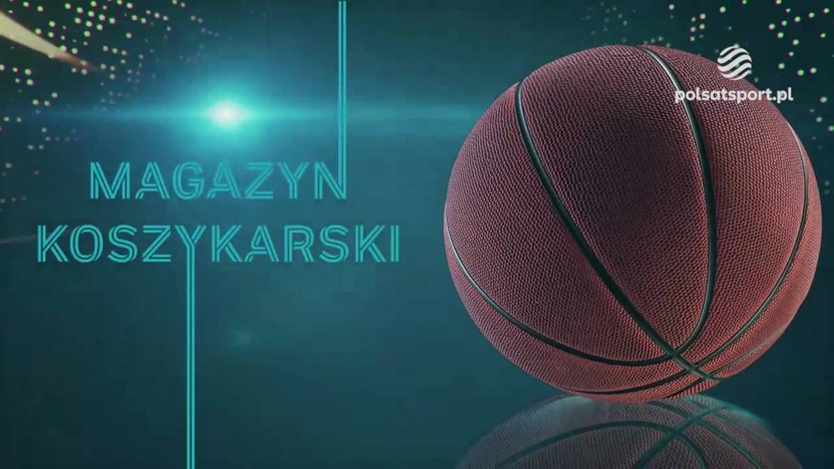Grafika programu "Magazyn Koszykarski" z piłką do koszykówki w centrum. W tle logo "polsatsport.pl" oraz tytuł "MAGAZYN KOSZYKARSKI".