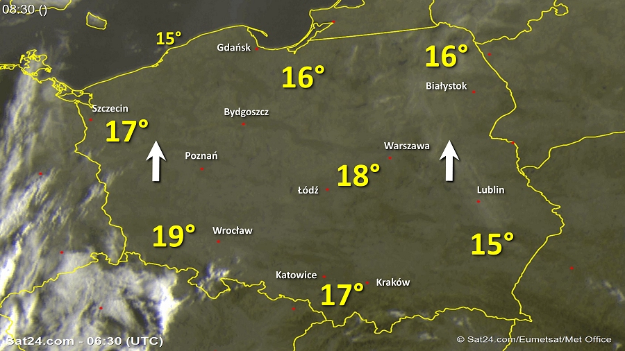 Zdjęcie satelitarne Polski w dniu 19 września 2018 o godzinie 8:30. Dane: Sat24.com / Eumetsat.