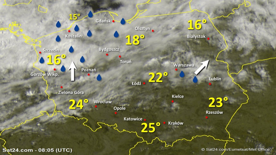 Zdjęcie satelitarne Polski w dniu 10 lipca 2020 o godzinie 10:05. Dane: Sat24.com / Eumetsat.